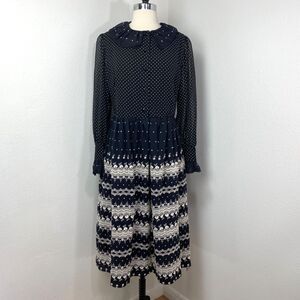 Vtg Black White Embroidered Dress XL Polka Dots Button Front Long Sleeves Boho